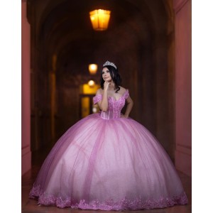 Sweetheart Neckline Off Shoulder Ball Gown Lace Appliques Pink And White Quinceanera Dresses