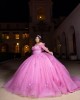 Sweetheart Neckline Off Shoulder Ball Gown Lace Appliques Pink Quinceanera Dresses