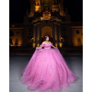 Sweetheart Neckline Off Shoulder Ball Gown Lace Appliques Pink Quinceanera Dresses