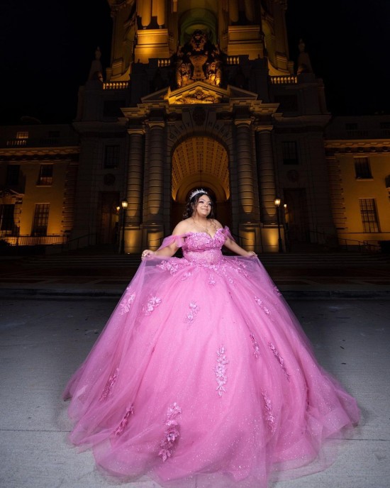 Sweetheart Neckline Off Shoulder Ball Gown Lace Appliques Pink Quinceanera Dresses