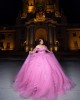 Sweetheart Neckline Off Shoulder Ball Gown Lace Appliques Pink Quinceanera Dresses