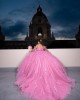 Sweetheart Neckline Off Shoulder Ball Gown Lace Appliques Pink Quinceanera Dresses