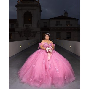 Sweetheart Neckline Off Shoulder Ball Gown Lace Appliques Pink Quinceanera Dresses