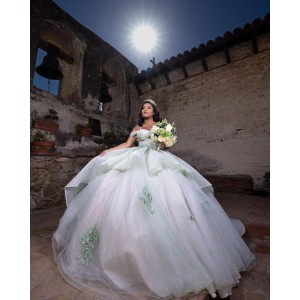 Sweetheart Neckline Off Shoulder Ball Gown Lace Appliques Sage Green Quinceanera Dresses