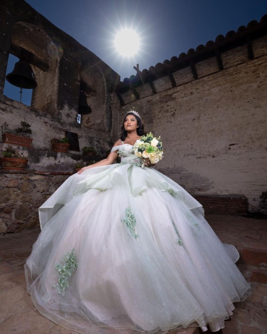 Sweetheart Neckline Off Shoulder Ball Gown Lace Appliques Sage Green Quinceanera Dresses