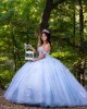 Sweetheart Neckline Off Shoulder Ball Gown Lace Appliques Sky Blue Quinceanera Dresses