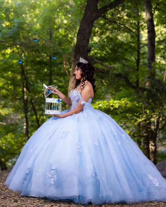 Sweetheart Neckline Off Shoulder Ball Gown Lace Appliques Sky Blue Quinceanera Dresses