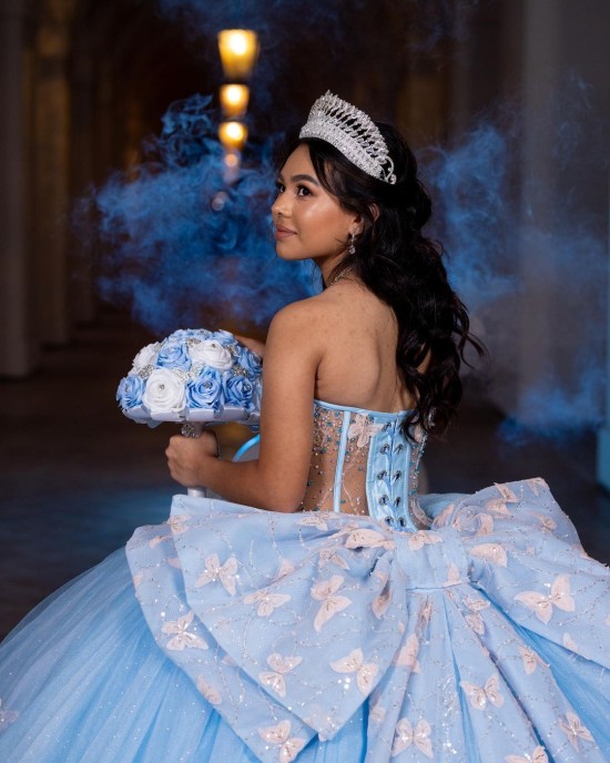 Sweetheart Neckline Off Shoulder Ball Gown Lace Appliques Sky Blue Quinceanera Dresses