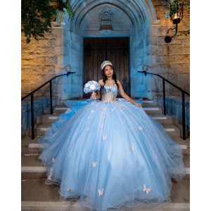 Sweetheart Neckline Off Shoulder Ball Gown Lace Appliques Sky Blue Quinceanera Dresses