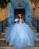 Sweetheart Neckline Off Shoulder Ball Gown Lace Appliques Sky Blue Quinceanera Dresses