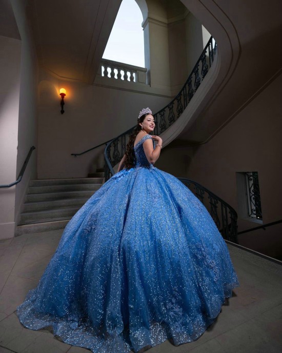 Sweetheart Neckline Off Shoulder Beading Ball Gown Sequin Blue Quinceanera Dress