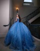 Sweetheart Neckline Off Shoulder Beading Ball Gown Sequin Blue Quinceanera Dress