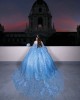 Sweetheart Neckline Off Shoulder Beading Ball Gown Sequin Blue Quinceanera Dress