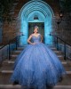 Sweetheart Neckline Off Shoulder Beading Ball Gown Sequin Blue Quinceanera Dress