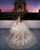 Sweetheart Neckline Off Shoulder Crystals Ball Gown Lace Appliques Champagne Quinceanera Dresses