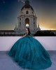 Sweetheart Neckline Off Shoulder Sequin Ball Gown Lace Appliques Emerald Green Quinceanera Dresses