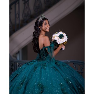 Sweetheart Neckline Off Shoulder Sequin Ball Gown Lace Appliques Emerald Green Quinceanera Dresses