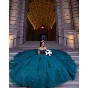 Sweetheart Neckline Off Shoulder Sequin Ball Gown Lace Appliques Emerald Green Quinceanera Dresses