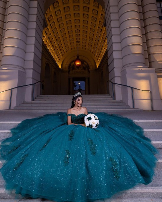 Sweetheart Neckline Off Shoulder Sequin Ball Gown Lace Appliques Emerald Green Quinceanera Dresses