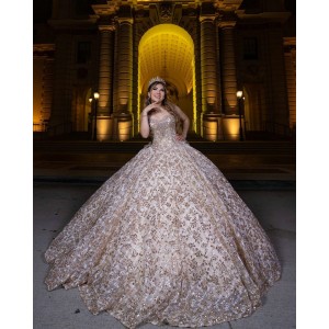 Sweetheart Neckline Sleeveless Ball Gown Sequin Champagne Quinceanera Dresses With Bow