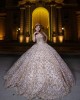 Sweetheart Neckline Sleeveless Ball Gown Sequin Champagne Quinceanera Dresses With Bow