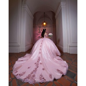 Three-Dimensional Embroidered Ball Gown Sweetheart Neckline Off Shoulder Lace Appliques Pink Quinceanera Dresses