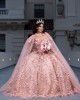 3D Floral Appliques Cape Sleeve Ball Gown Sweetheart Neckline Rose Gold Quinceanera Dresses