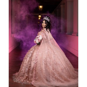 3D Floral Appliques Cape Sleeve Ball Gown Sweetheart Neckline Rose Gold Quinceanera Dresses