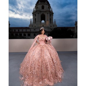 3D Floral Appliques Cape Sleeve Ball Gown Sweetheart Neckline Rose Gold Quinceanera Dresses