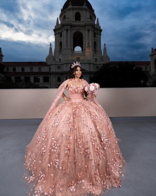 3D Floral Appliques Cape Sleeve Ball Gown Sweetheart Neckline Rose Gold Quinceanera Dresses