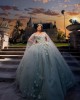 Cape Sleeve Ball Gown Lace Appliques Sweetheart Neckline Silverish Green Quinceanera Dresses