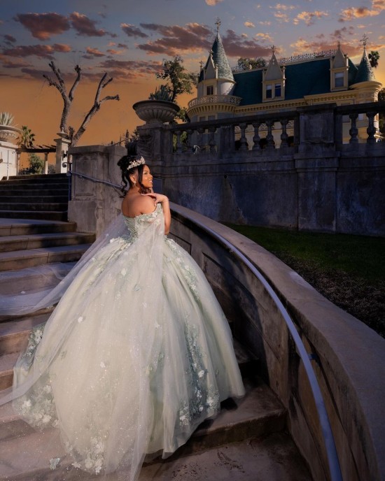 Cape Sleeve Ball Gown Lace Appliques Sweetheart Neckline Silverish Green Quinceanera Dresses