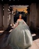 Cape Sleeve Ball Gown Lace Appliques Sweetheart Neckline Silverish Green Quinceanera Dresses