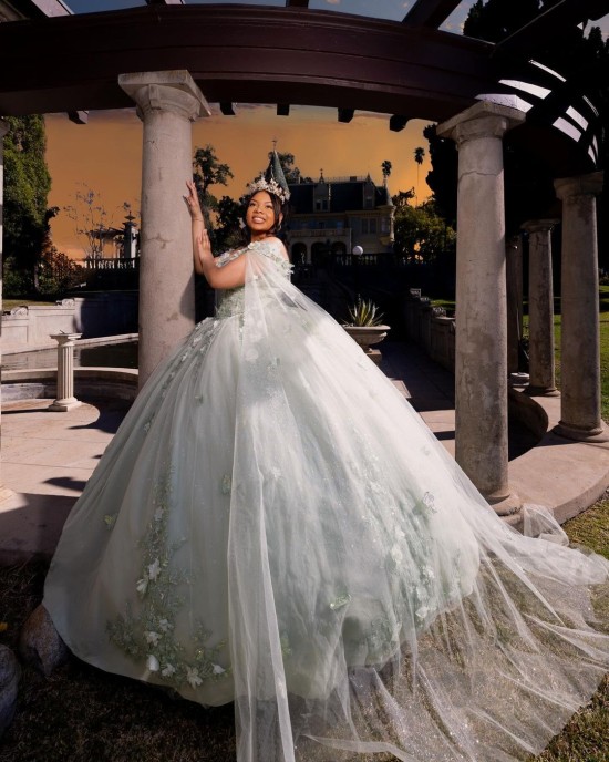 Cape Sleeve Ball Gown Lace Appliques Sweetheart Neckline Silverish Green Quinceanera Dresses