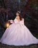 Lace Appliques Long Sleeve Ball Gown Sweetheart Neckline Sheer Bodice Pink Quinceanera Dresses