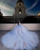 Lace Appliques Puff Sleeve Ball Gown Sweetheart Neckline Sheer Bodice Sky Blue Quinceanera Dresses