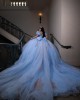 Lace Appliques Puff Sleeve Ball Gown Sweetheart Neckline Sheer Bodice Sky Blue Quinceanera Dresses