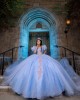 Lace Appliques Puff Sleeve Ball Gown Sweetheart Neckline Sheer Bodice Sky Blue Quinceanera Dresses