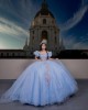 Lace Appliques Puff Sleeve Ball Gown Sweetheart Neckline Sheer Bodice Sky Blue Quinceanera Dresses