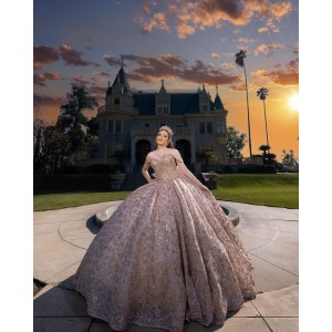 Metallic Sequin Off Shoulder Ball Gown Sweetheart Neckline Champagne Quinceanera Dresses With Bow