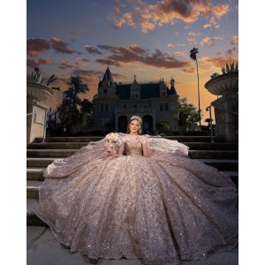 Metallic Sequin Off Shoulder Ball Gown Sweetheart Neckline Champagne Quinceanera Dresses With Bow