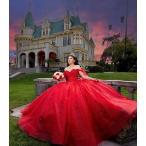 Metallic Sequin Off Shoulder Ball Gown Sweetheart Neckline Red Quinceanera Dresses