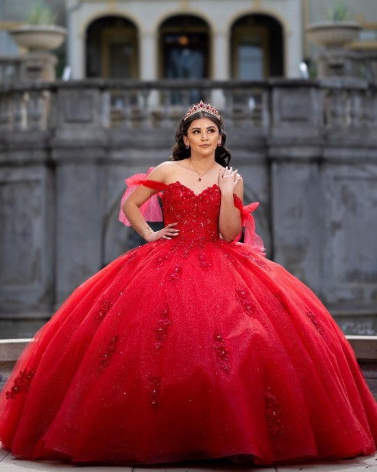 Metallic Sequin Off Shoulder Ball Gown Sweetheart Neckline Red Quinceanera Dresses