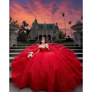 Metallic Sequin Off Shoulder Ball Gown Sweetheart Neckline Red Quinceanera Dresses