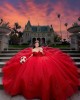 Metallic Sequin Off Shoulder Ball Gown Sweetheart Neckline Red Quinceanera Dresses