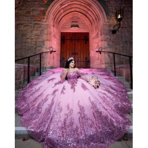 Metallic Sequin Off Shoulder Ball Gown Sweetheart Neckline Lilac Quinceanera Dresses