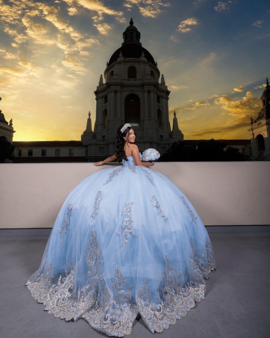 Metallic Sequin Strapless Ball Gown Sweetheart Neckline Sky Blue Quinceanera Dresses