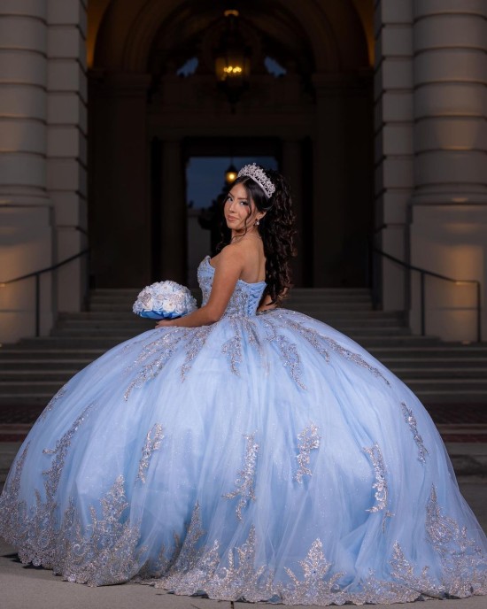 Metallic Sequin Strapless Ball Gown Sweetheart Neckline Sky Blue Quinceanera Dresses