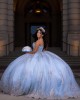 Metallic Sequin Strapless Ball Gown Sweetheart Neckline Sky Blue Quinceanera Dresses