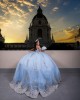 Metallic Sequin Strapless Ball Gown Sweetheart Neckline Sky Blue Quinceanera Dresses